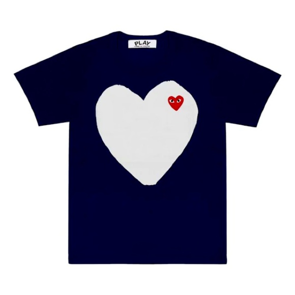 Comme des Garcons Blue and White Short Sleeve Tee with Heart Design